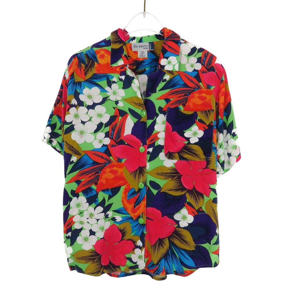 1990s Vintage Hawaiian Tropical Rainbow Floral Button Down Blouse Medium